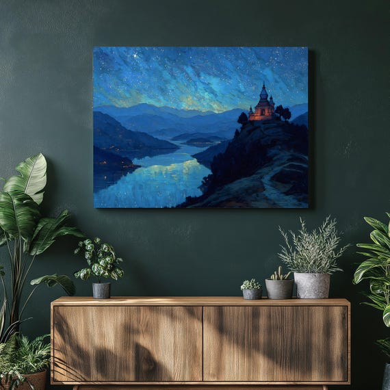 Starry Temple Landscape Canvas Wall Art Night Sky Print With Glowing Pagoda Serene Lake Reflection Modern Zen Decor Blue Mountain View