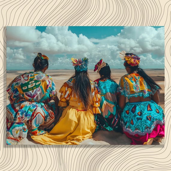 Colorful Desert Women Canvas Wall Art Sand Dunes Landscape Cultural Attire Group Portrait Boho Decor Bright Textiles Sky And Clouds View