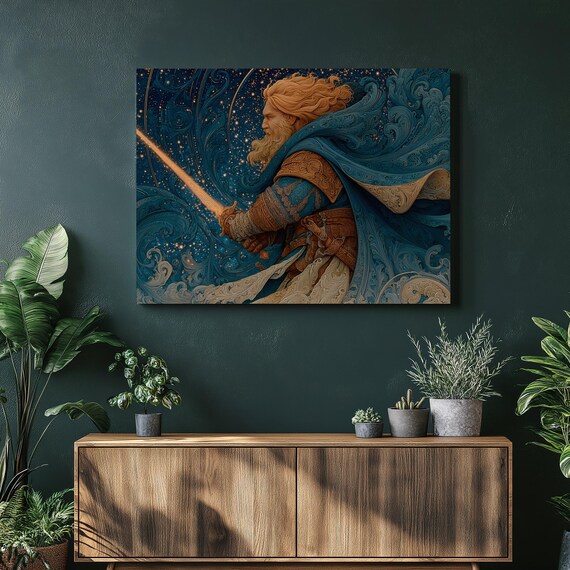 Fantasy Warrior Glowing Sword Cosmic Starry Night Knight Poster