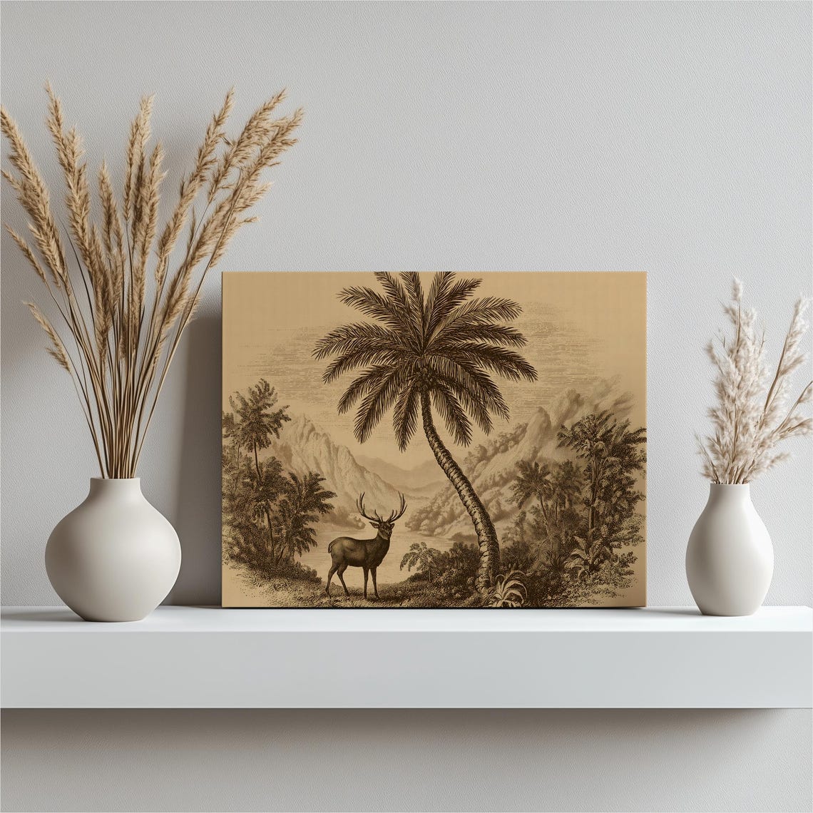Majestic Stag Under Palm Tree Sepia Engraving Wildlife Wall Art