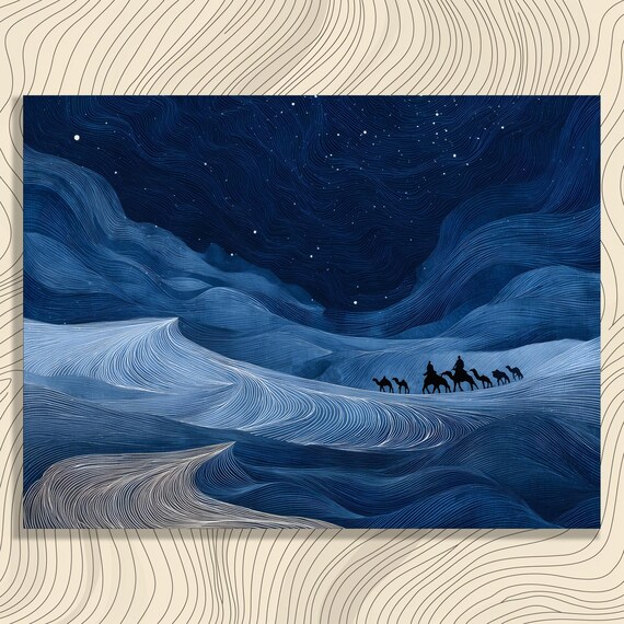 Desert Camel Caravan Canvas Wall Art Minimalist Starry Night Blue Beige Dunes Silhouette Travel Decor Abstract Line Drawing Nature Print