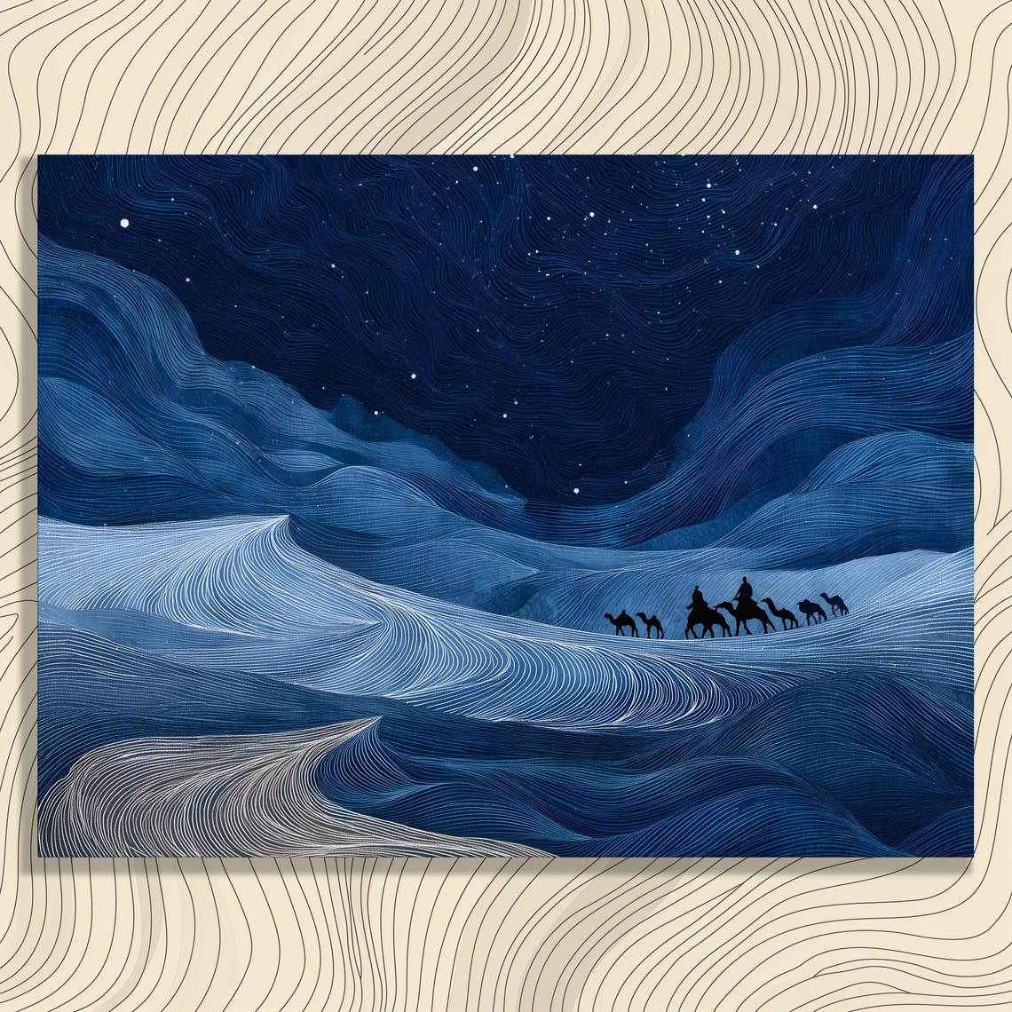 Camel Caravan Starry Desert Night Blue Dunes Minimalist Art Poster