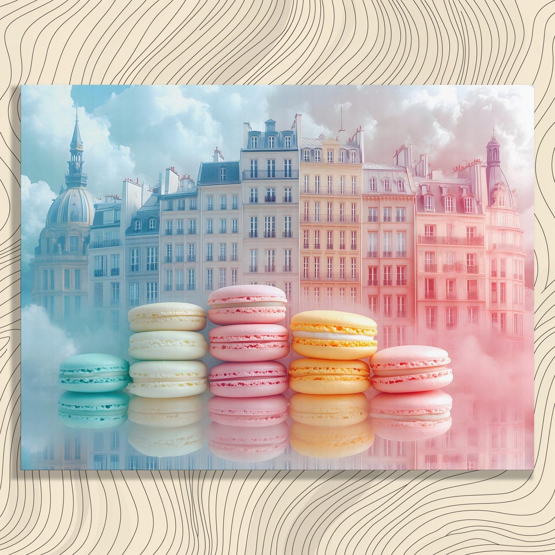 Pastel Macarons Before Paris Haussmann Buildings Dreamy Poster