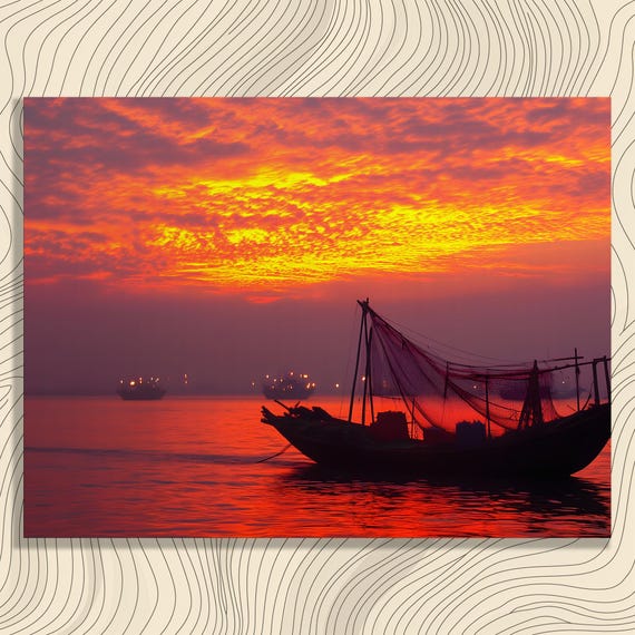 Sunset Boat Silhouette Canvas Wall Art Nautical Seascape Print Ocean Horizon Fishing Colorful Reflection Gift Home Decor