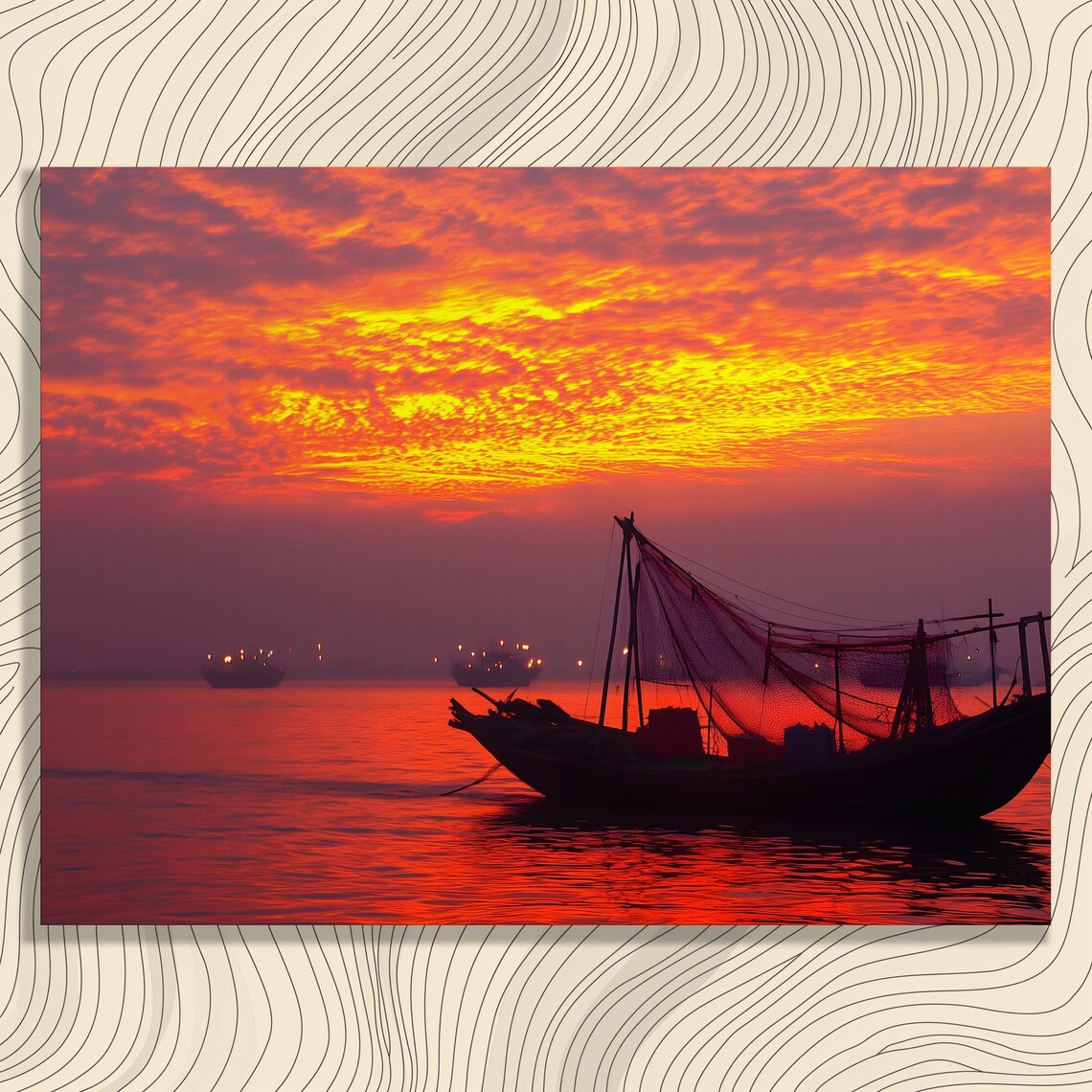 Fishing Boat Silhouette Fiery Red Sunset Ocean Horizon Wall Art