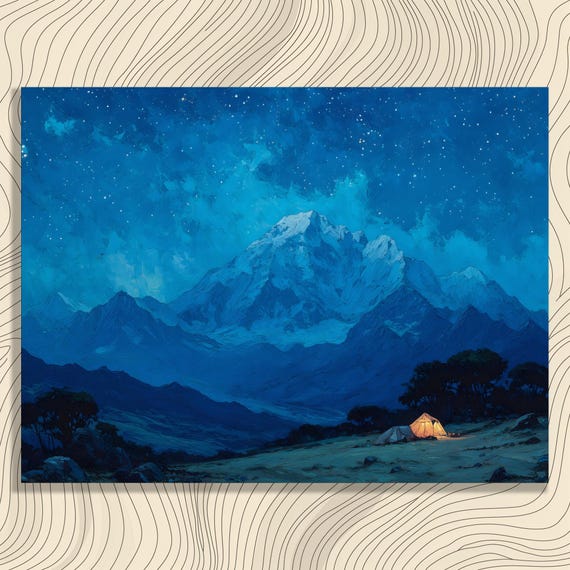 Starry Mountain Night Canvas Wall Art Blue Landscape Painting For Camping Decor Outdoor Adventure Scene Nature Print Tent At Twilight