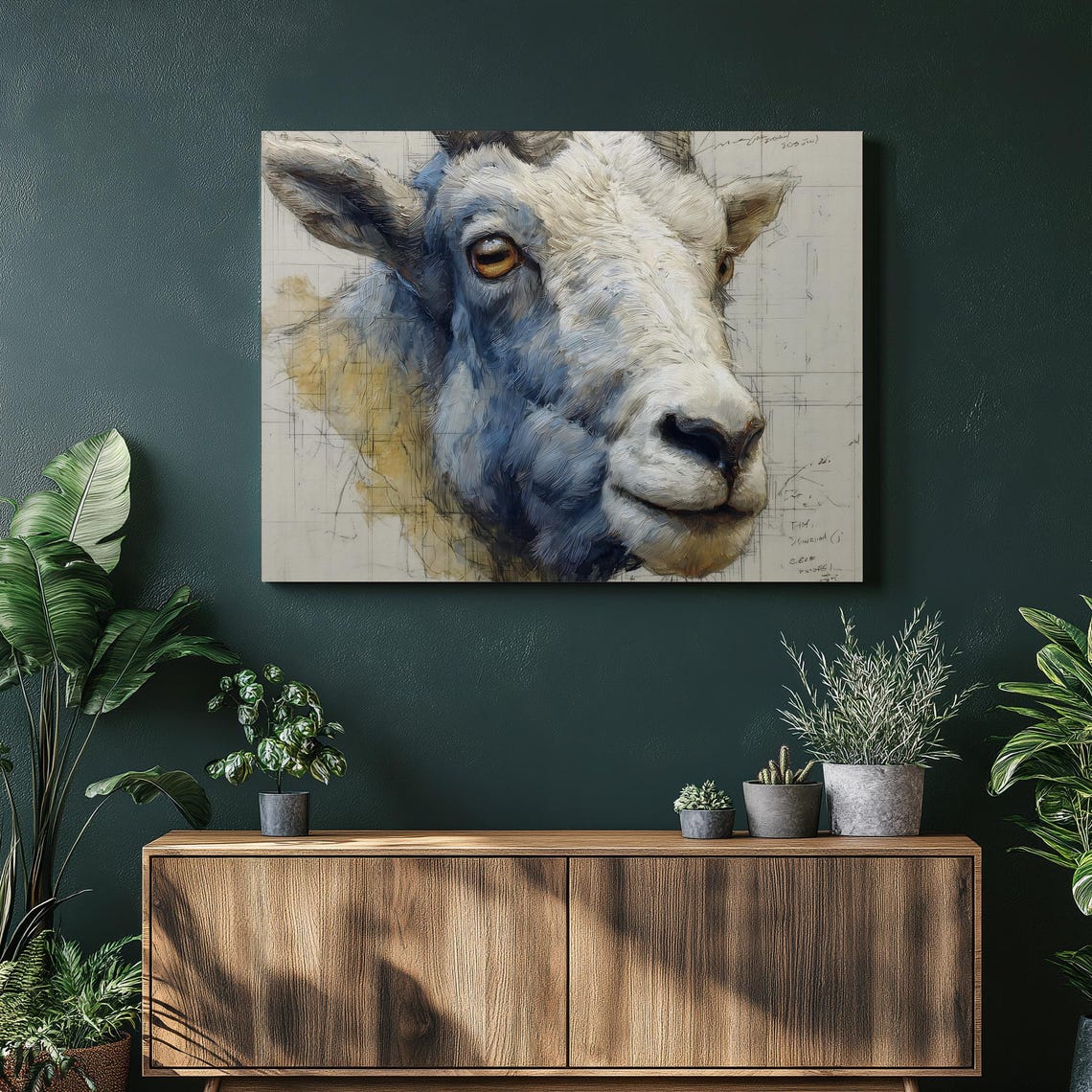 Farmhouse Goat Portrait Sketch Style Vintage Grid Paper Print