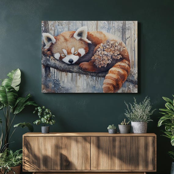 Red Panda Canvas Wall Art Misty Forest Watercolor Painting Nature Wildlife Illustration Home Decor Animal Portrait