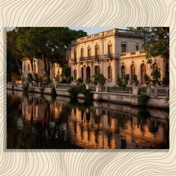 Classic Canal Villa Canvas Wall Art Sunset Reflection Water Landscape Architecture European Scene Garden Print Home Decor