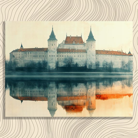Serene Castle Reflection Canvas Wall Art Medieval Architecture Water Landscape Historical Decor Print For History Lovers