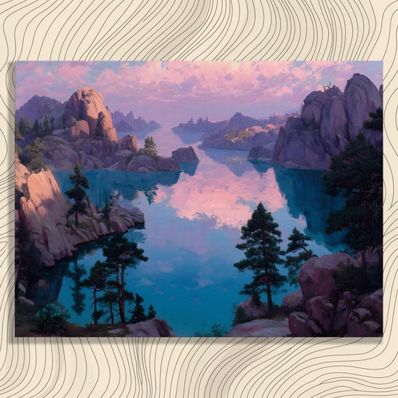Mountain Lake Canvas Wall Art Lakeside Panorama Evening Pastel Glow Vibrant Landscape Still Water Housewarming Present