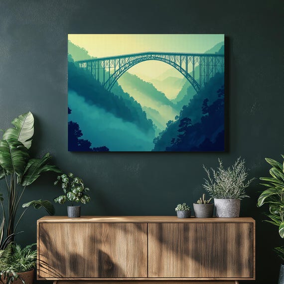 New River Gorge Bridge Canvas Wall Art Misty Mountain Landscape Print With Teal Green Canyon Modern Minimalist Scenic Architecture Decor