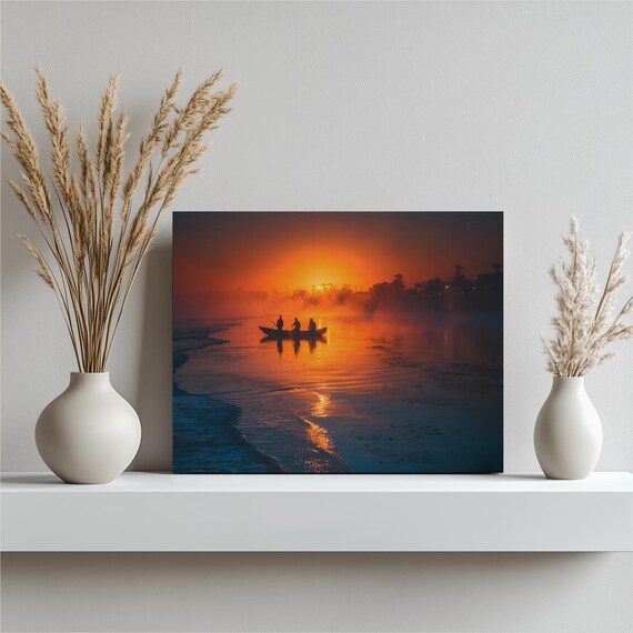 Sunrise Fishing Boat Misty Orange Sea Fishermen Silhouette Art Poster