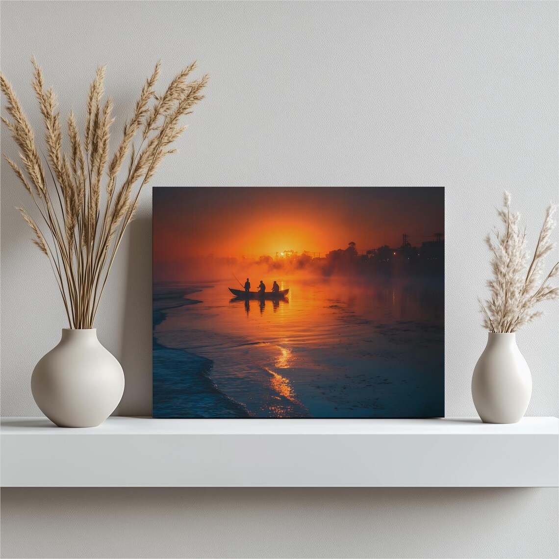 Sunrise Fishing Boat Misty Orange Sea Fishermen Silhouette Art Poster