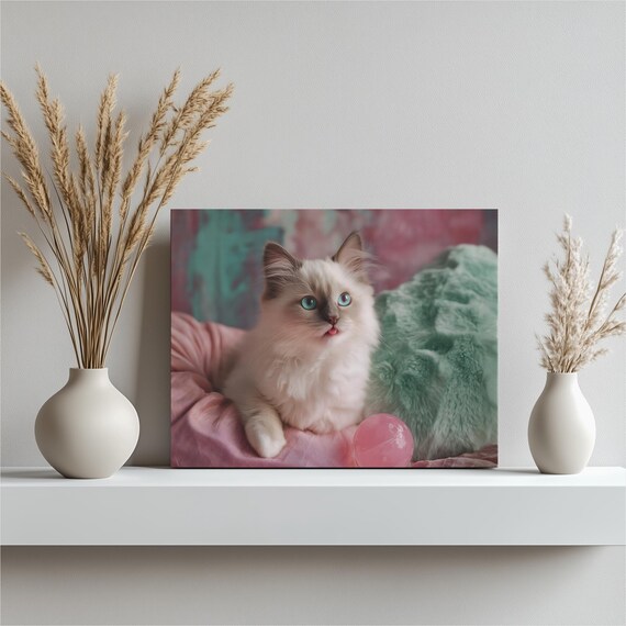 Adorable Fluffy White Kitten with Blue Eyes Soft Pastel Nursery Poster