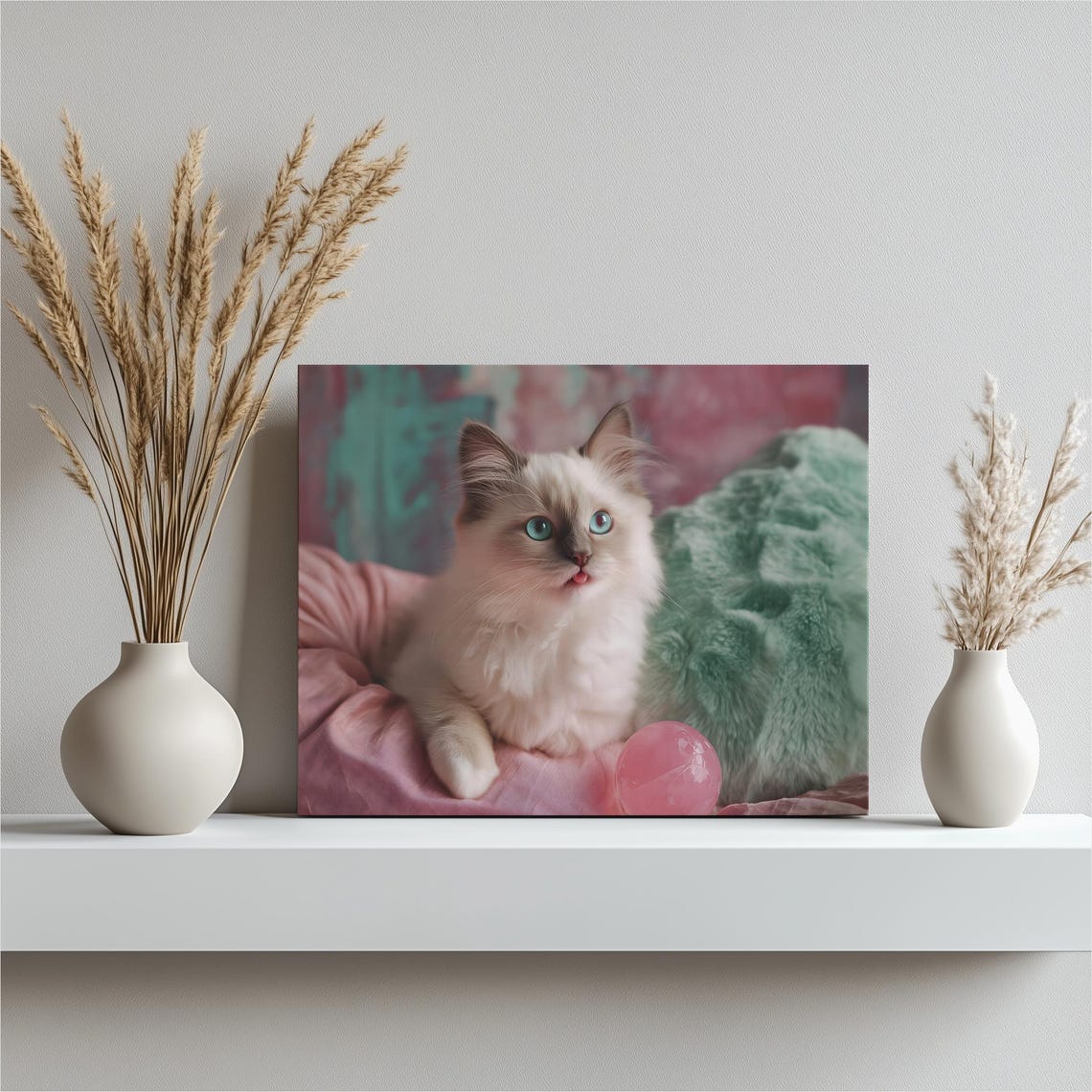 Adorable Fluffy White Kitten with Blue Eyes Soft Pastel Nursery Poster