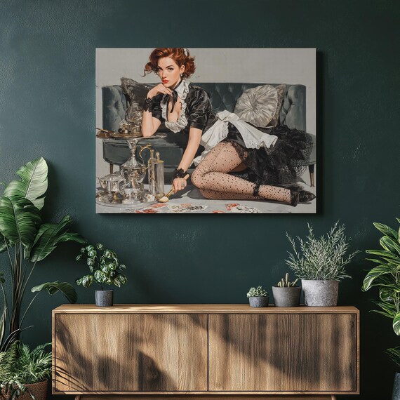 Retro Pin Up Maid Redhead Green Velvet Sofa Vintage Art Poster