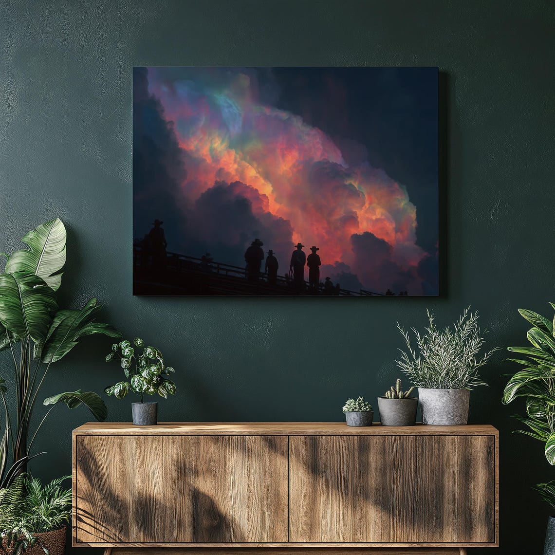 Cowboy Silhouettes Standing on a Ridge at a Dramatic Sunset Poster