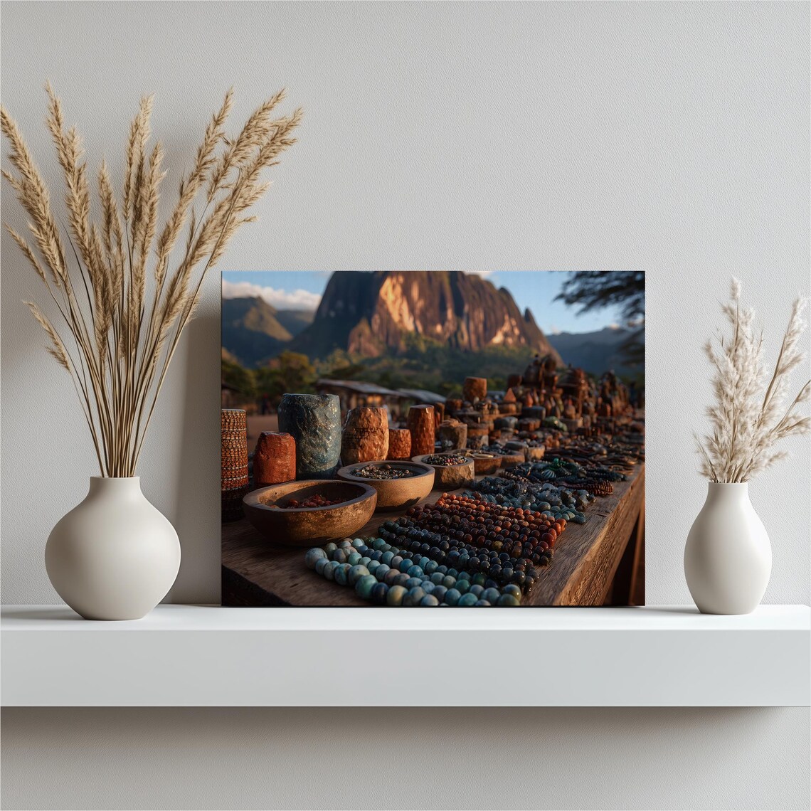 Colorful Artisan Craft Market Beaded Jewelry Mountain Scenery Poster