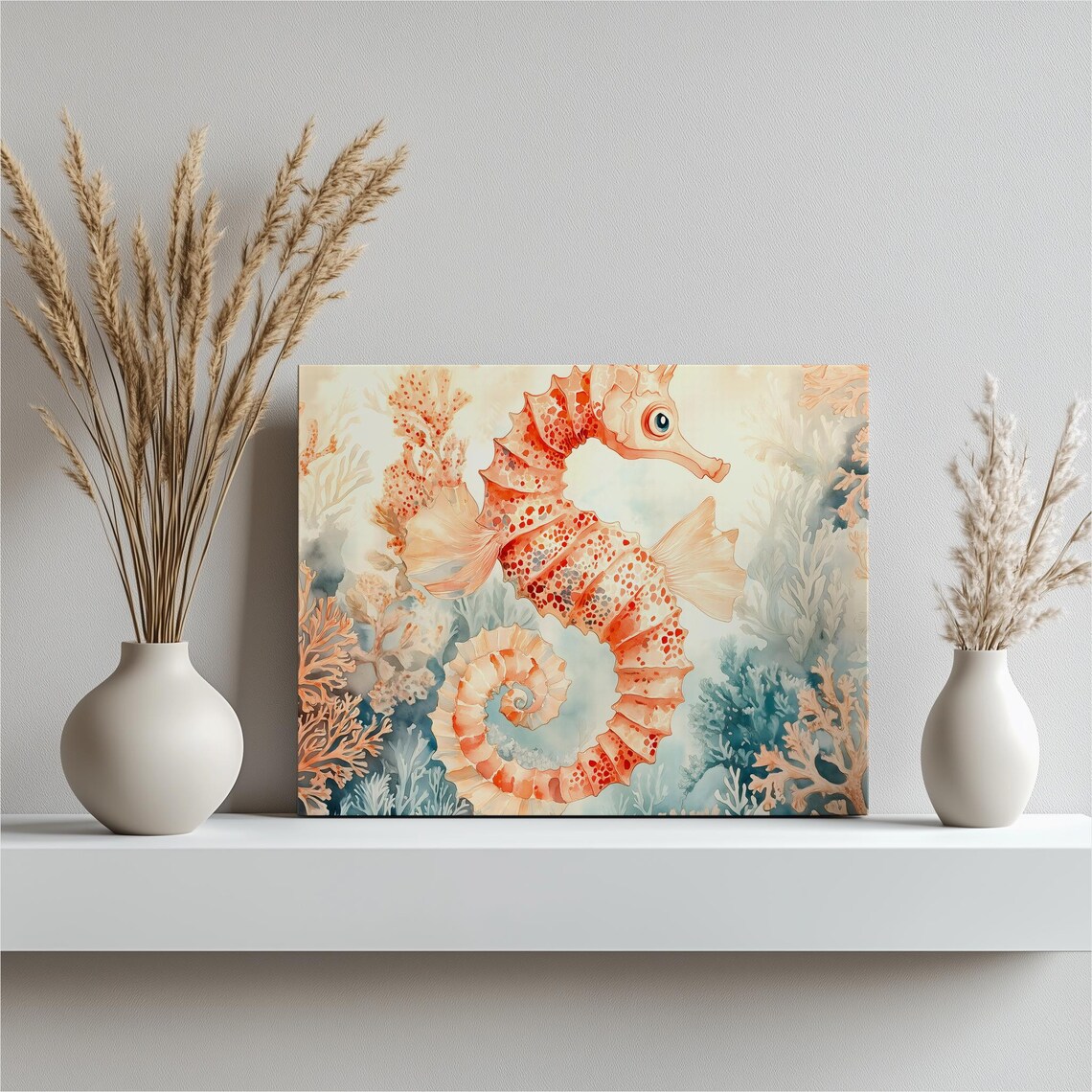 Coral Pink Seahorse Watercolor Reef Coastal Nursery Art Poster