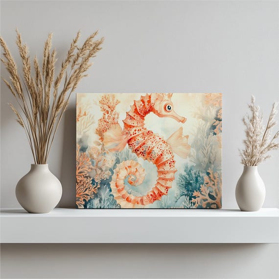 Seahorse Watercolor Canvas Wall Art Coastal Nursery Decor With Coral Reef Details Whimsical Ocean Animal Painting Beach Bathroom Print