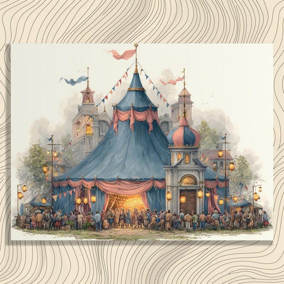 Whimsical Circus Tent Canvas Wall Art Vintage Bohemian Eclectic Festival Decor Print Colorful Blue Pink Illustration Home Gift