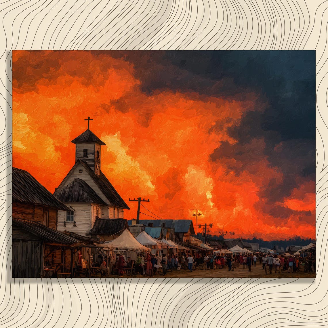Village Church Market Sunset Impressionist Orange Sky Poster