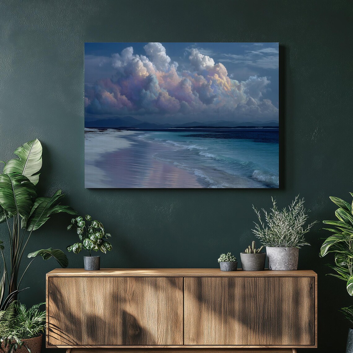 Serene Beach Ocean Turquoise Waves Pastel Clouds Coastal Seascape Poster