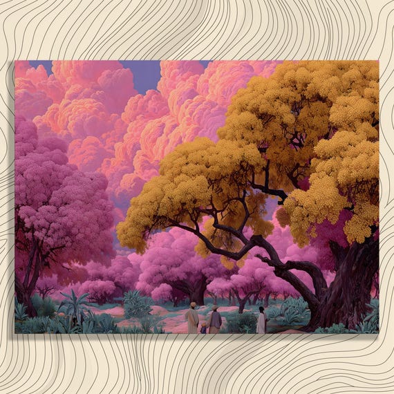 Magical Forest Canvas Wall Art Ethereal Landscape Print With Pink Tree Decor And Golden Yellow Gift Gorgeous Surreal Nature