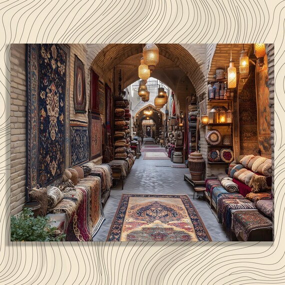 Vibrant Rug Market Bazaar Alley Hanging Lanterns Travel Photography Wall Poster
