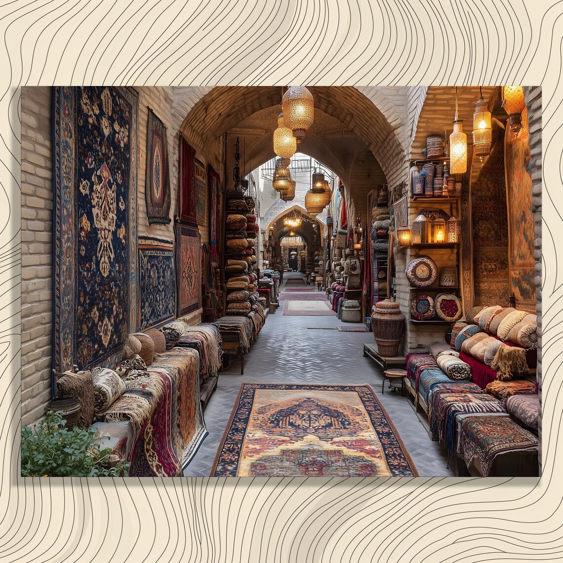 Vibrant Rug Market Bazaar Alley Hanging Lanterns Travel Photography Wall Poster