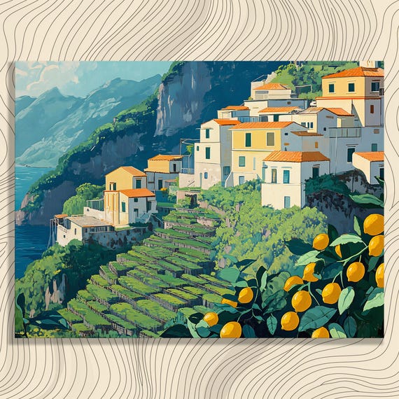Vibrant Amalfi Coast Canvas Wall Art Colorful Coastal Village Mediterranean Lemon Kitchen Decor Seaside View Landscape Print