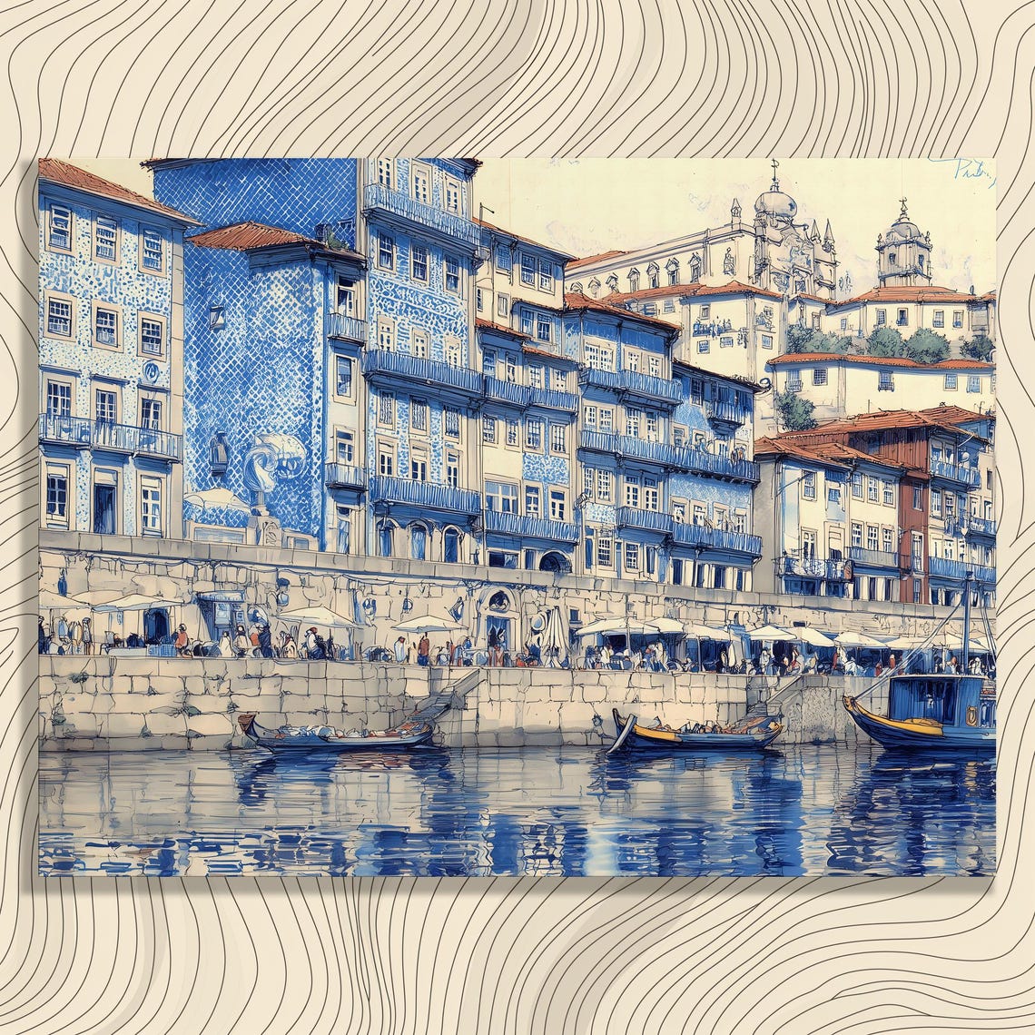 Porto Portugal Douro River Blue Tile Waterfront Watercolor Poster