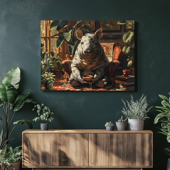 Chubby Tapir Drinking Tea in an Armchair Funny Animal Art Poster
