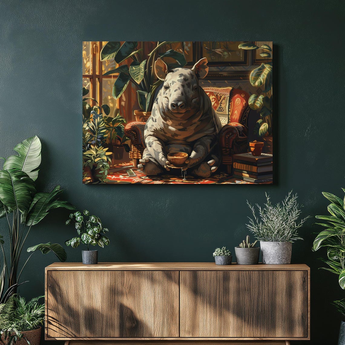 Chubby Tapir Drinking Tea in an Armchair Funny Animal Art Poster