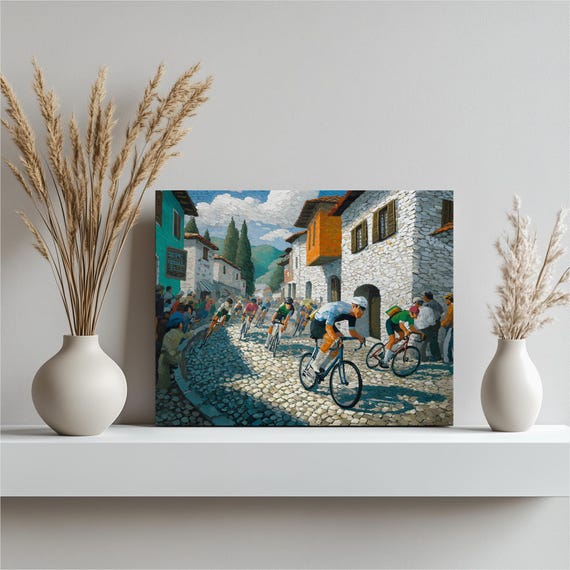 Colorful Bicycle Race Canvas Wall Art Modern Impressionist Cycling Blue Sky Cobblestone Street Impasto Painting Landscape