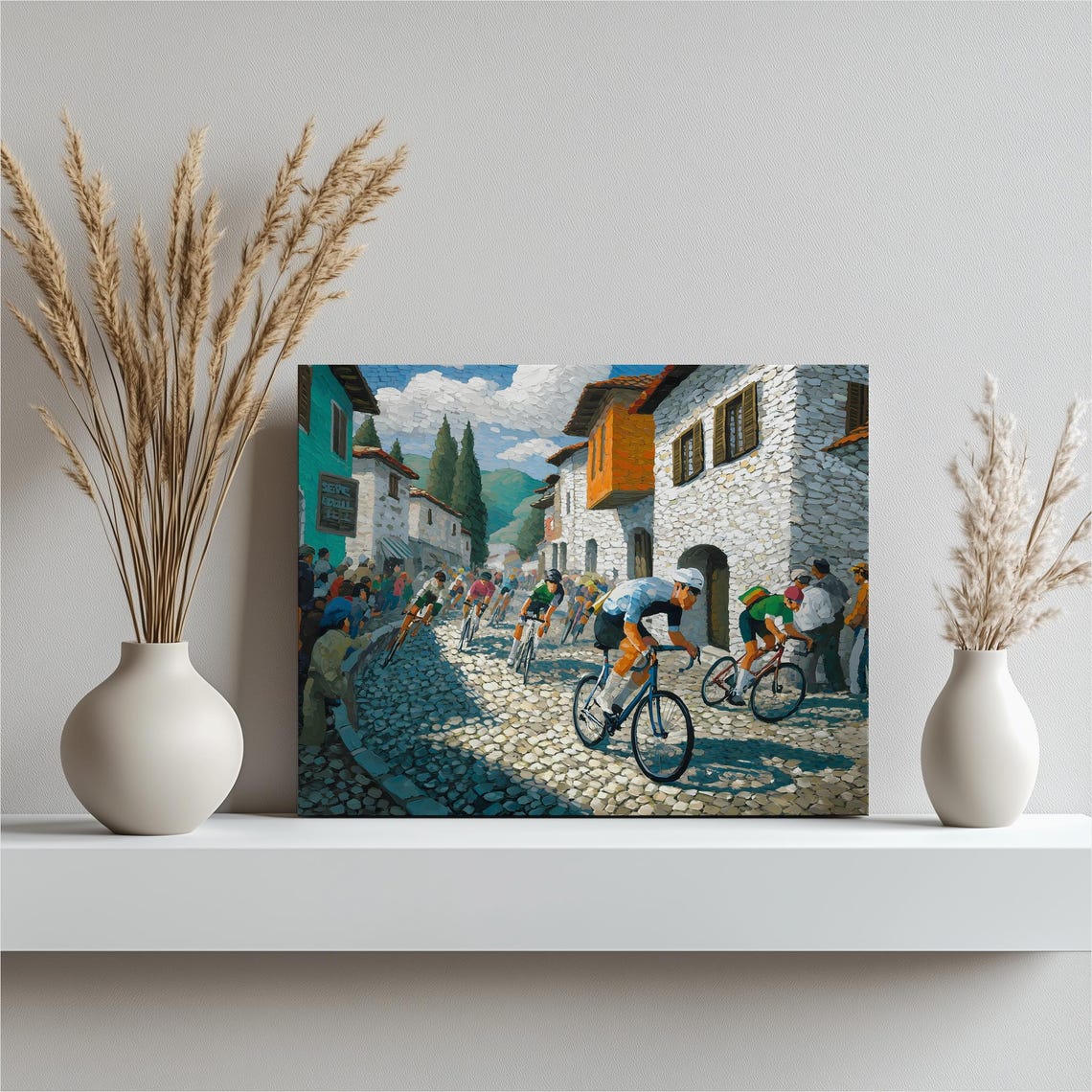 Cyclists Racing Through Old Town Cobbles Impressionist Art Poster