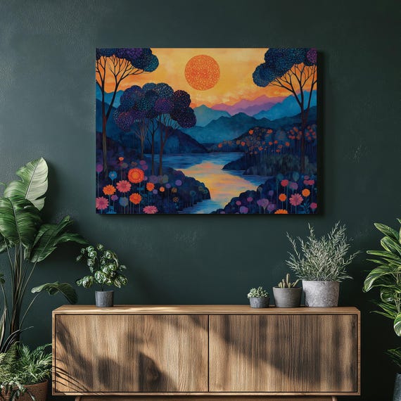 Papua New Guinea Canvas Wall Art For Home Decor Vibrant Floral Sunset Landscape With River Mountains Trees Boho Nature Print