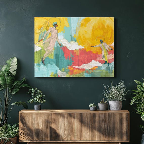 Guardian Angels Canvas Wall Art Futuristic City Skyline With Radiant Halos And Surreal Clouds Modern Illustration For Spiritual Home Decor