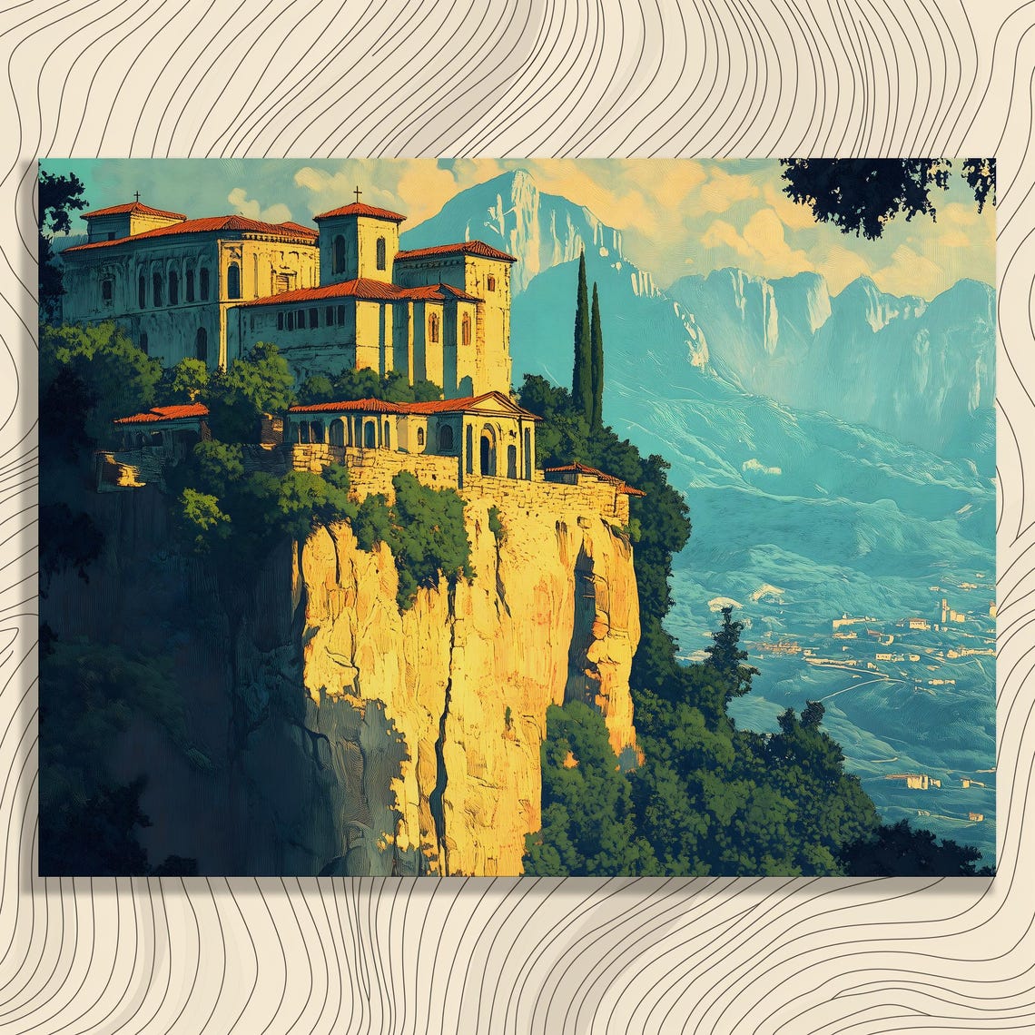 Meteora Greece Sunlit Cliffside Monastery Mountain View Print