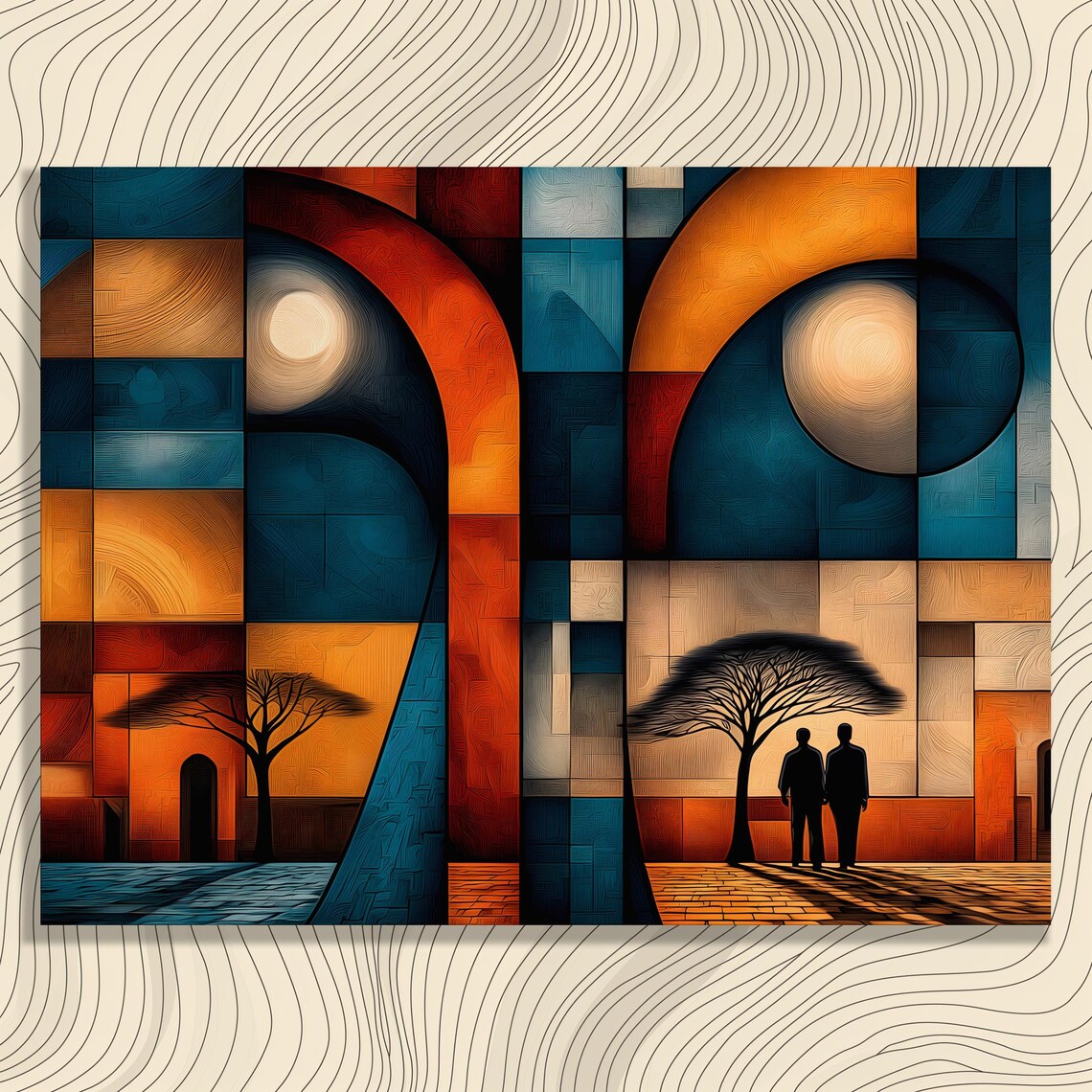 Abstract Geometric Couple Canvas Wall Art Blue Orange Archway Courtyard Silhouette Romantic Landscape Print