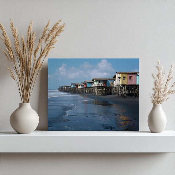 Colorful Stilt Houses On The Beach Coastal Village Canvas Wall Art