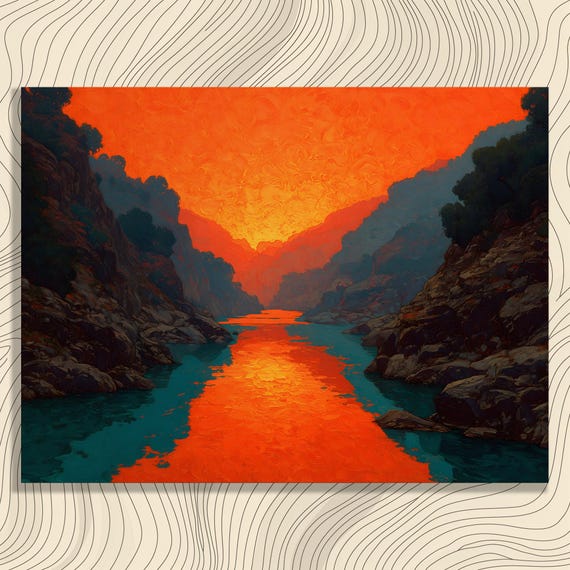 Sunset Canyon River Canvas Wall Art Teal Orange Landscape Print Modern Nature Artwork Colorful Cliff Gorge Reflection Contemporary Decor