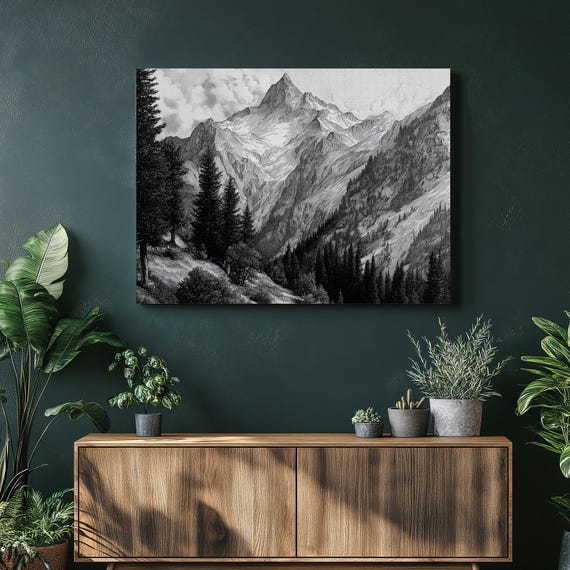 Monochrome Mountain Canvas Wall Art Pen And Ink Landscape Print Pine Forest Nature Poster Minimalist Black White Scenic Artwork