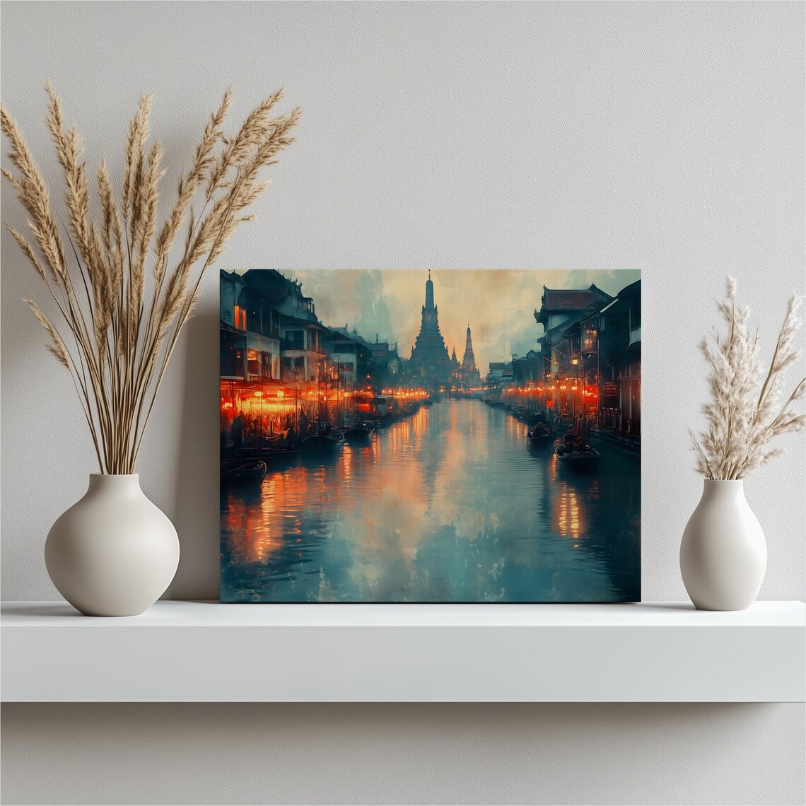 Thai Floating Market Lantern Lit Canal Night City Painting Poster