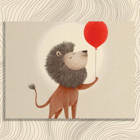 Playful Lion Canvas Wall Art Whimsical Animal Illustration Red Balloon Beige Modern Safari Jungle Line Print Decor Gift For Kids