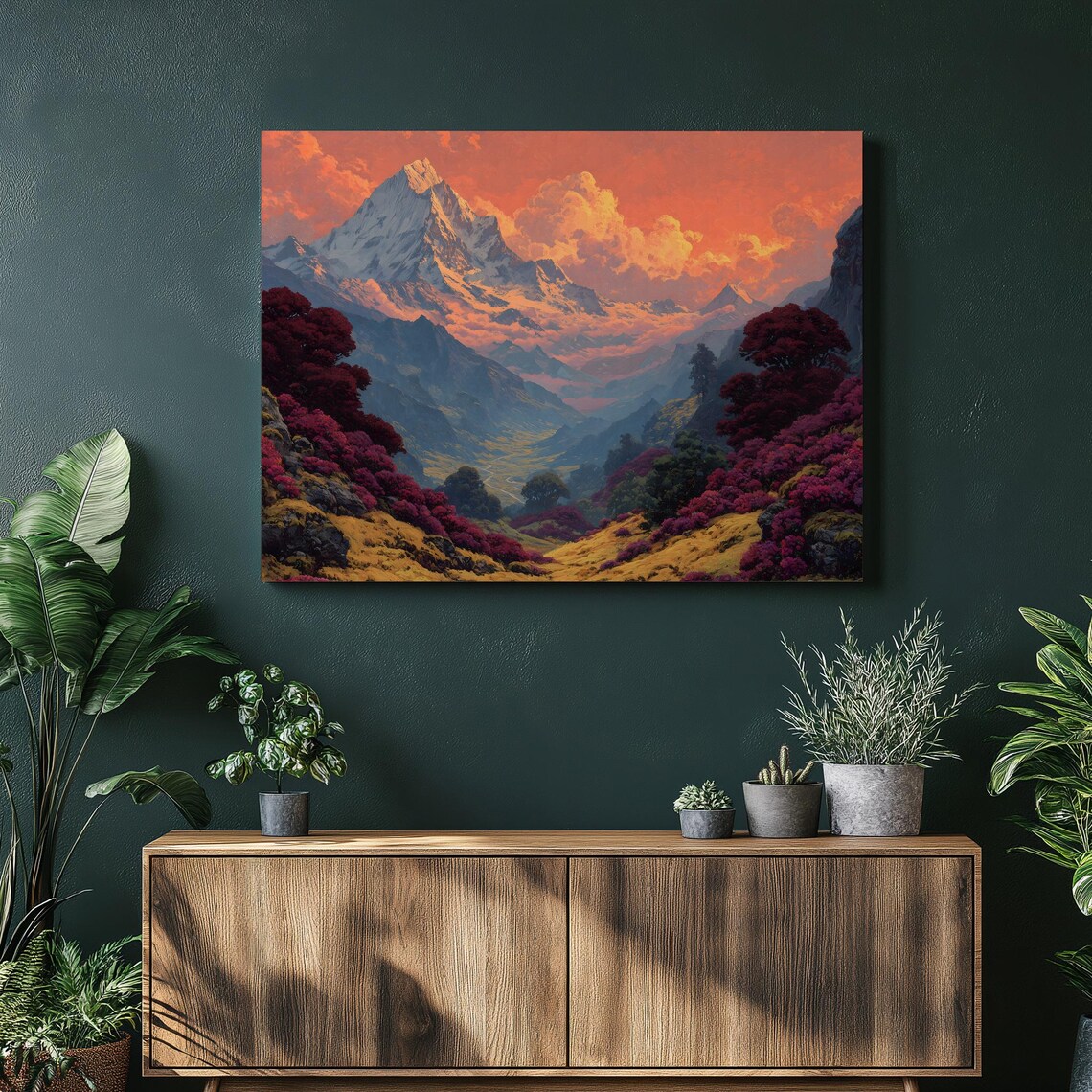 Majestic Snowcapped Peak Fiery Orange Sunset Mountain Landscape Poster