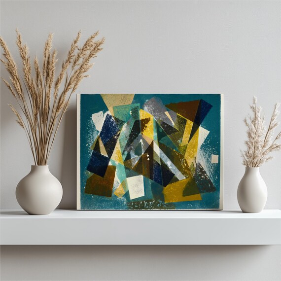 Geometric Abstract Triangles Canvas Wall Art Mid Century Modern Constructivist Teal Color Fields Layered Shapes Nonobjective Composition