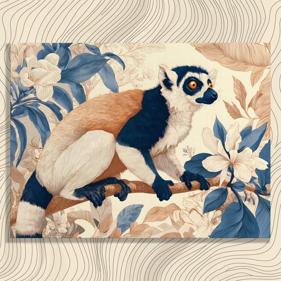 Ring Tailed Lemur Canvas Wall Art Tropical Foliage Botanical Poster Modern Wildlife Illustration Blue Beige Palette Jungle Primate Decor