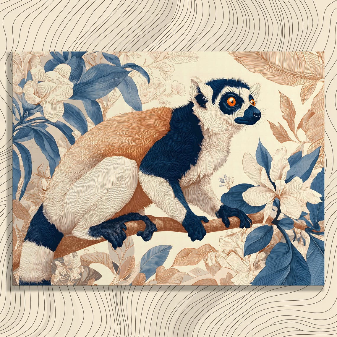 Elegant Ring Tailed Lemur On Branch Tropical Botanical Art Poster